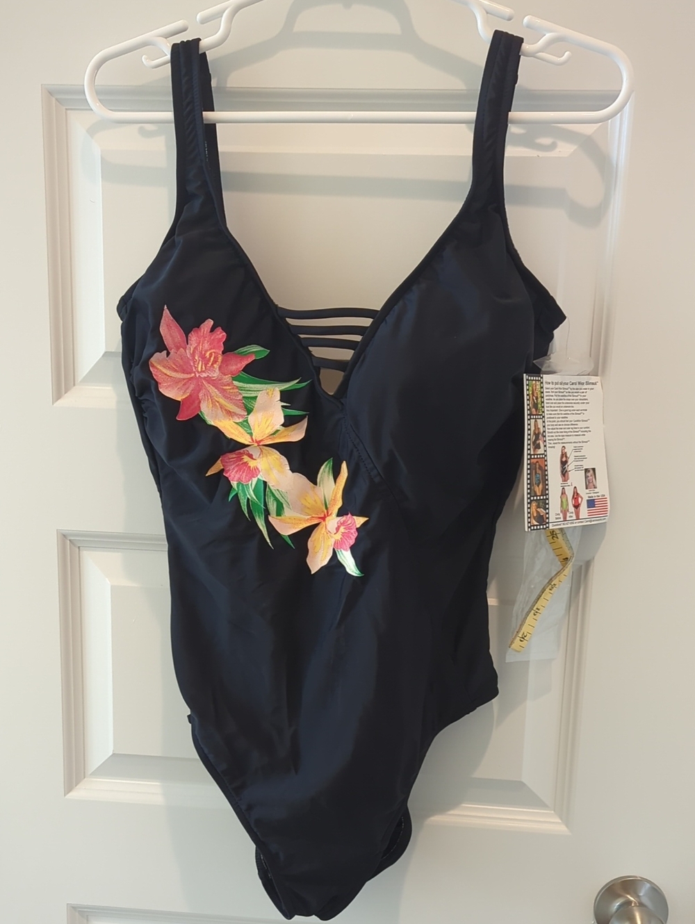 Carol Wior Black One-Piece Swimwear with Tropical Floral Applique